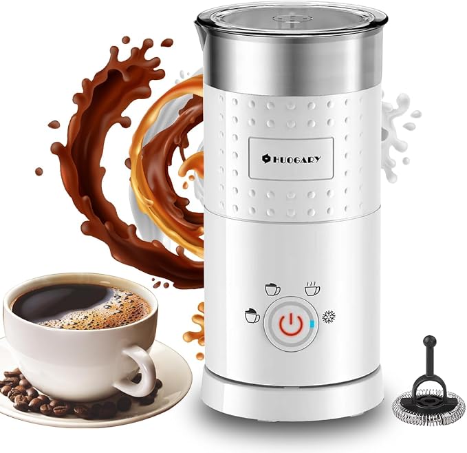 Huogary Electric Milk Frother and Steamer - 4 In 1 Automatic Milk Steamer, 300ml/10.1oz Hot& Cold Foam Maker and Milk Warmer For Latte, Cappuccinos, Macchiato, White