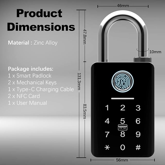 Heavy Duty Fingerprint Padlock with Key, Outdoor Smart Padlock with Code Keypad, Smart Combination Gate Lock for Outdoor Fence, Gate, Storage Unit, Tuya App, Waterproof (10 mm Shackle)