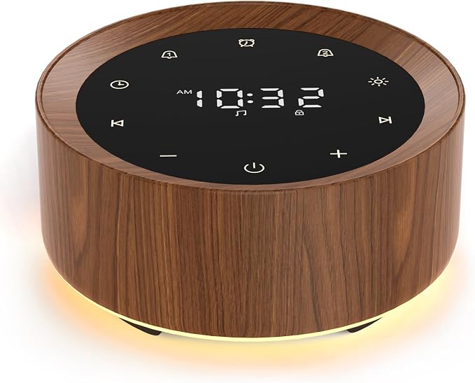 White Noise Machine with Alarm Clock & Night Light for Babies and Adults, 20 Soothing Sounds, Glare-Free Upward Display, Touch Control, Memory Function, 5 Sleep Timers, Wood Grain