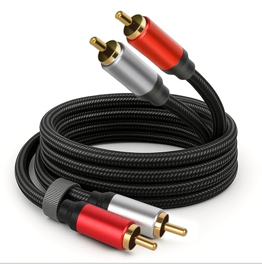 2RCA to 2RCA Audio Cable 33FT Gold-Plated Male to Male Stereo Subwoofer Cable, Nylon-Braided Hi-Fi RCA Cables for Home Theater, Car Audio, Amplifiers, Speakers (Dual Shielded Copper Core)
