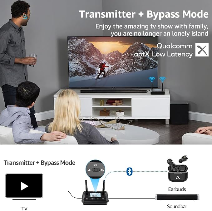 1Mii B03+ Bluetooth 5.3 Transmitter Receiver for TV Home Stereo, aptX Low Latency & HD & Adaptive, Dual Link, Wireless Audio Adapter with Screen, Optical, RCA or AUX 3.5mm Port, Soundbar Passthrough
