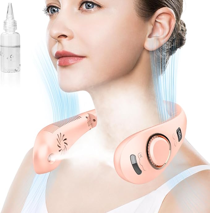Misting Neck Fan,Personal Cooling Fans that Blow Cold Air Rechargeable,Collapsible Cordless Headphone Design Neck Fan Mister,Best Cold Small Noiseless Breeze Around the Neck Cooler Tool Pink
