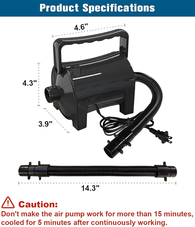 Artigarden Electric Air Pump Portable 460W Quick-Fill Air Pump Air Flow 45CFM 2.1PSI with Hose 5 Nozzles 120V AC Inflator Deflator Pump for Air Mattress Air Bed Inflatable Cushion Boat Swimming Ring