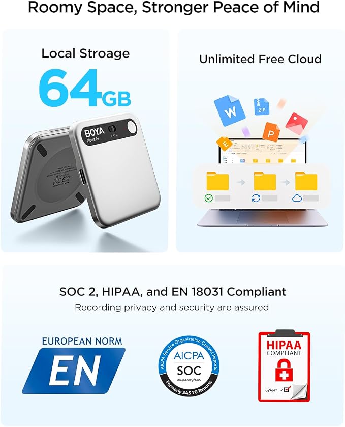 BOYA Notra AI Voice Recorder,Ambient/Phone Call/Bluetooth Capture, AI Transcription&Smart Summary, Support 140+ Languages, 64GB Storage, Magnetic Note Taker for Meetings,Lectures,Interviews(Sliver)
