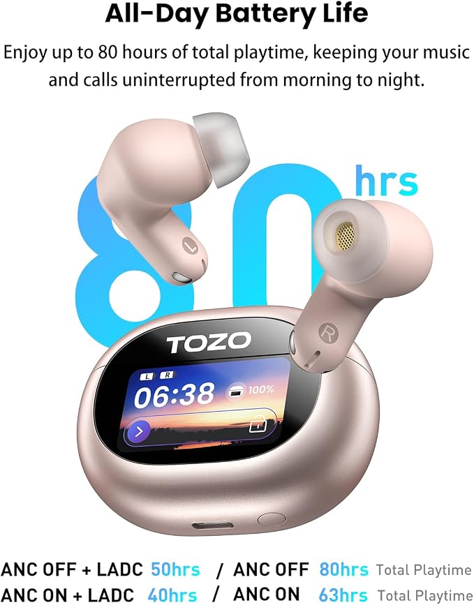 TOZO NC20 Pro Active Noise Cancelling Wireless Earbuds with Smart Touch Screen, LDAC Hi-Res Audio, Stereo Bass, 6 Mics AI Call Ear Buds, 80H Playtime, IPX8 Waterproof, 32 EQ via App, Wireless Charging