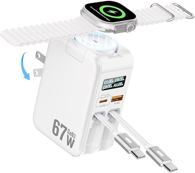 67W Retractable Phone Charger Wall Plug,5 in 1 Retractable Wall Charger for Apple Watch Only, Fast Charging Block with 67W USB C & 30W USB A Port for iPhone 17 16 15 14 13,Galaxy 25,MacBook,iWatch