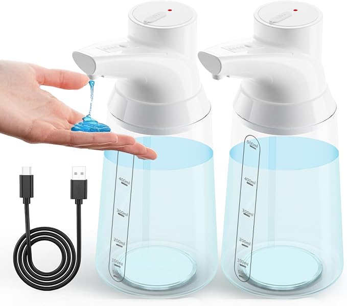 2 Pack Automatic Liquid Soap Dispenser Touchless,4-Level Adjustable Modern White Bathroom Hand Soap Dispenser, 700ml Rechargeable Electric Motion Sensor Waterproof Pump for Kitchen