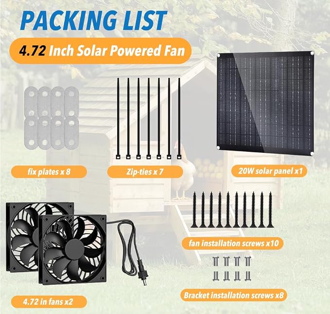 Solar Fan for Chicken Coop, 20W Solar Powered Fans with Dual IP65 Waterproof Fans for Outside solar panel kit