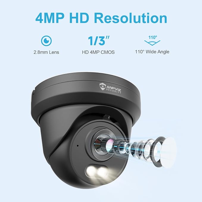 Anpviz 4MP PoE Camera Black, Turret Security IP Camera Outdoor Wired | Al Human Motion Detection, Smart Color Night Vision, Built-in Mic, 2.8mm Lens@25FPS, NDAA, IPC-D3B43B-S (U Series)