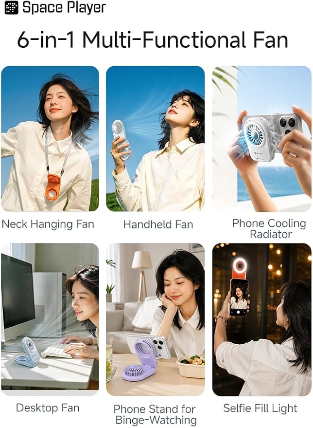 Space Player MagSafe Magnetic Cooling Fan for iPhone & Android Portable Phone Cooling Fan with LED Light Rechargeable Mini Handheld Fan 3-in-1 Magnetic Desk Fan for Gaming Travel & Outdoor Use Orange