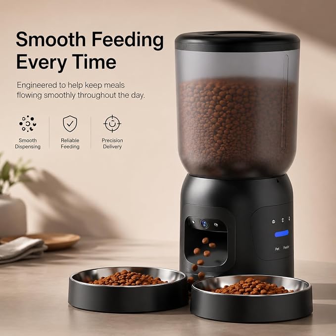 Smart Pet Feeder with Dual 2K Camera & AI Recognition, Dual Bowl Automatic Cat Feeder for Two Cats & Dogs, 6L WiFi Pet Feeder with App Control, 2-Way Audio, Motion Tracking, Anti-Clog Design