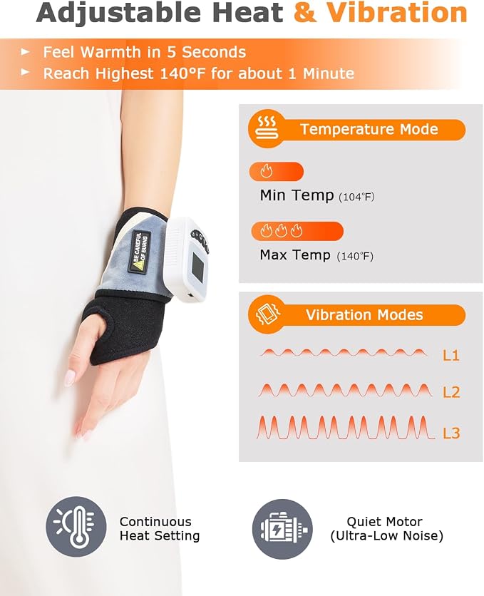 Cordless Wrist Heating Pad for Arthritis and Carpal Tunnel Relief, 5000mAh Battery Wrist Massager, 3-Level Vibration Massage, 104-140°F Adjustable Temp, 30/45/60Mins Timer, Type-C Cable & Storage Bag