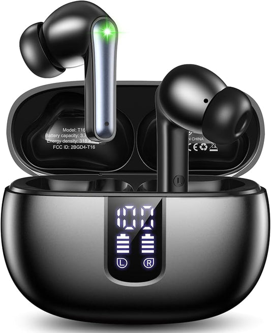 foxotin Ear Buds Wireless Earbuds - Bluetooth 5.3 Headphones (48H Playback) Built in Mic with LED Display Charging Case, IP7 Waterproof Earphone for iPhone Andriod Phones Laptop Sports Workout-Black
