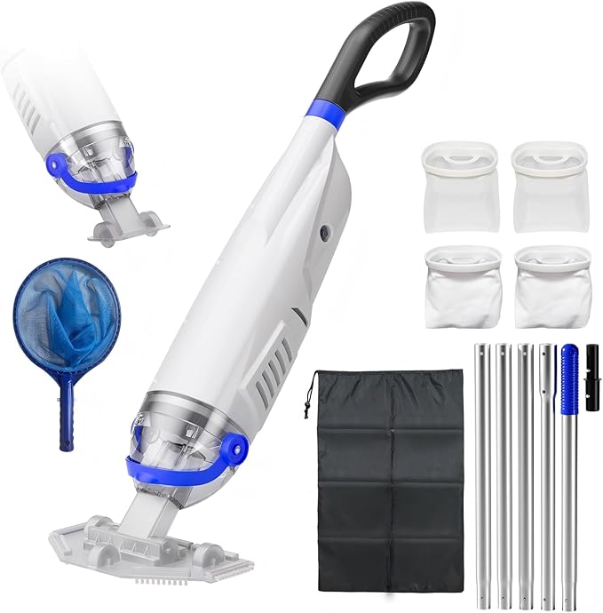 Upgraded Cordless Pool Vacuum with Telescopic Pole, 60 Min Powerful Suction & Transparent Head, Rechargeable Handheld Cleaner for Above Ground Pools, Inground Pools, Hot Tubs and Spa