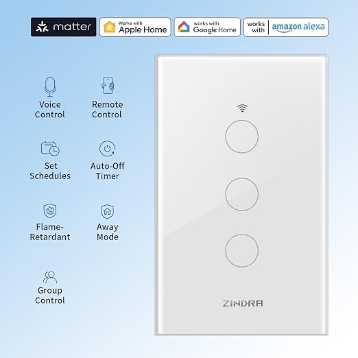 Smart Touch Wall Light Switch with Matter, Tempered-Glass Panel, Neutral Wire Required, Single-Pole, 2.4GHz Wi-Fi, App/Voice Control with Alexa/Google/Apple Home, Timers & Schedules 3Gang - 3Pack