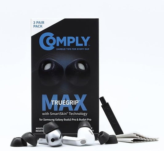 Comply TrueGrip MAX | Premium Memory Foam Replacement Earbud Tips for Samsung Galaxy Buds4 Pro & Buds3 Pro | Long-Lasting Comfort, Secure Fit, Noise Isolation | Black (S/M/L) (3 Pairs)