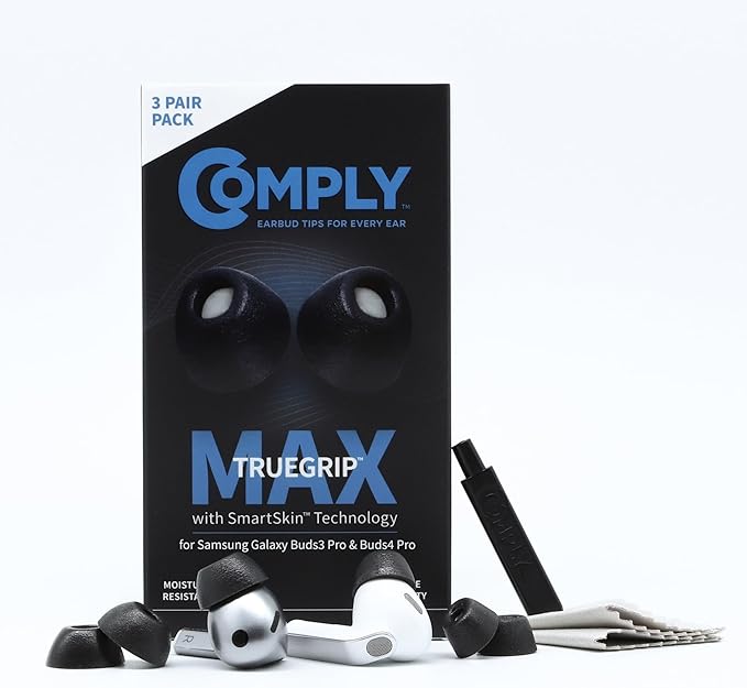 Comply TrueGrip MAX | Premium Memory Foam Replacement Earbud Tips for Samsung Galaxy Buds4 Pro & Buds3 Pro | Long-Lasting Comfort, Secure Fit, Noise Isolation | Black (Medium) (3 Pairs)
