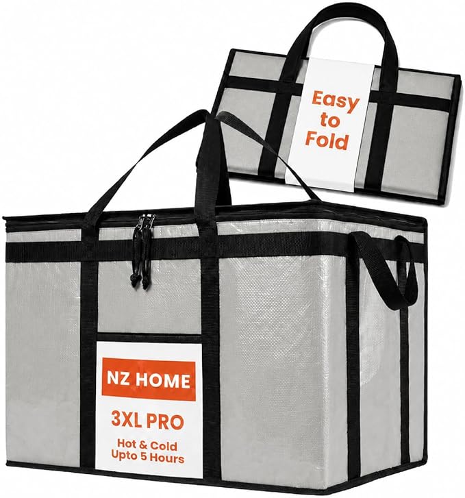 NZ home Insulated Bags for Food Delivery (3XL PRO) Grocery Shopping Cooler Bag, Pizza Delivery, Hot & Cold Catering Tote, Reusable, Foldable & Heavy Duty (Gray)