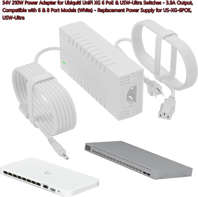 Ubiquiti UniFi 54V 210W Power Adapter, White | Output for XG 6 PoE & USW-Ultra Switches, Compatible with 6 & 8 Port Models, Replacement Power Supply