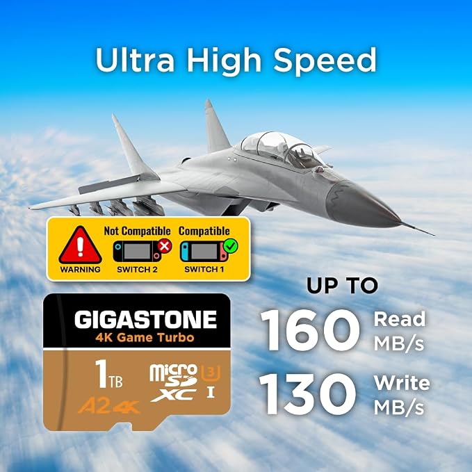 【for Switch 1 Only】 GIGASTONE 1TB Micro SD Card, 4K Game Turbo, up to 160/130 MB/s, Memory Card for Gaming Console, Action Camera, UHD Video UHS-I U3 A2 4K C10【5-Years Data Recovery】