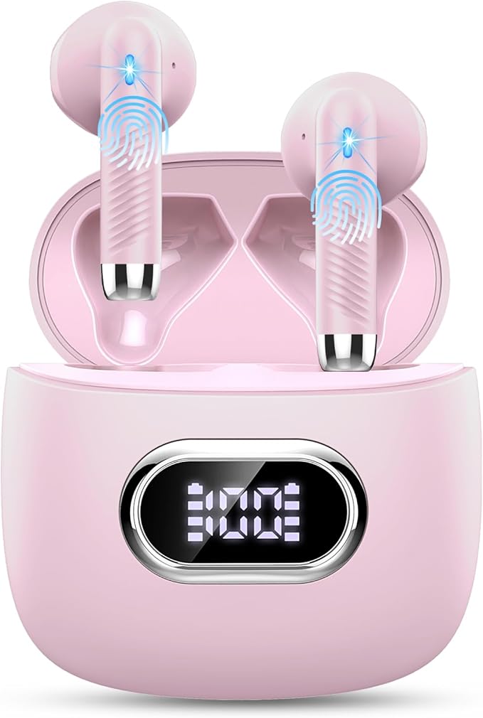 Wireless Earbuds, Bluetooth Headphones, Stereo Bass Ear Buds with ENC Noise Cancelling Mics,42H Bluetooth Earbuds with LED Display Charging Case, IP7 Waterproof Earphones for Android iOS/Light pink
