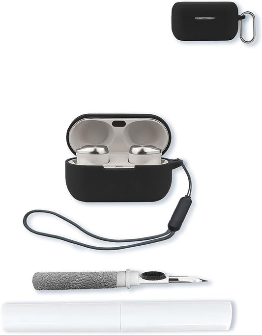 Case for Technics EAH-AZ100 Technics Reference Class Hi-Fi Wireless Earbuds,Soft Protective,BOVUGAC Silicone Case Cover with Keychain & Cleaning Kit & Lanyard for Technics EAH-AZ100-K Earbuds-Black