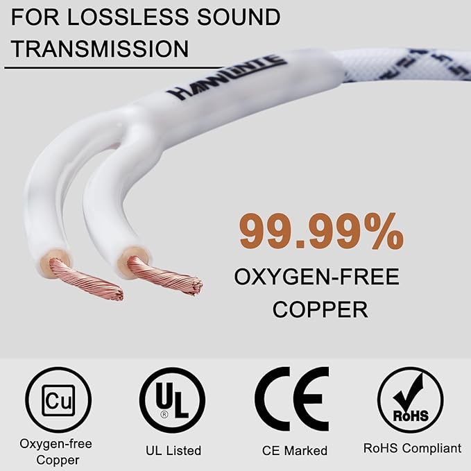 12AWG Speaker Cable (3 Feet), 1 Pack Premium Heavy Duty Braided Speaker Wire with Dual Gold Plated Banana Plug in-Wall CL2 Rated, Oxygen-Free Copper (White)