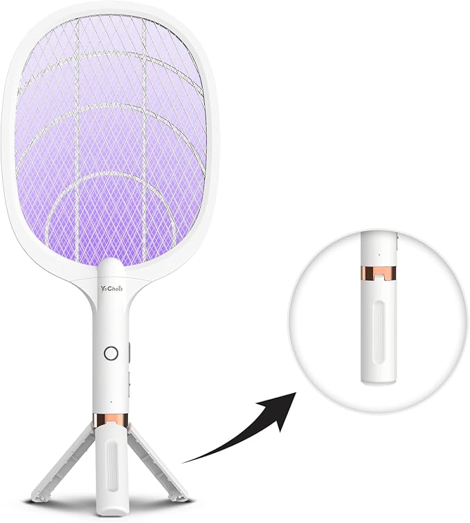 YsChois Electric Fly Swatter Racket, Rechargeable Fly Zapper - 4000 Volt, Exclusive 2-in-1 Bug Zapper Racket - USB Charging, 1800mAh Li-Battery, Indoor & Outdoor Use, White