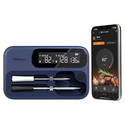 Wireless Bluetooth Meat Thermometer for Smoker, Fitflavor WiFi Meat Thermometer for Grill BBQ, Smart Meat Probe for Food Cook Oven Grilling - Dual Probes, Rechargeable