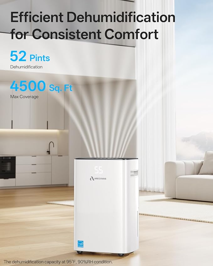 52 Pints Dehumidifier for Basement Bedroom Bathroom Large Room Home, 4500 Sq.Ft Dehumidifiers with Drain Hose, 2025 Energy Star Certificate, Humidity Control, 24H-Timer, Auto Defrost (52, Pints)