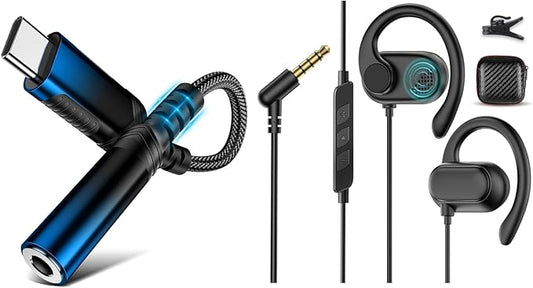 Open Ear Headphone 3.5mm Earbuds, 3.5mm Audio Adapter for Samsung Galaxy S25 S24 A17 A16,USB C to 3.5 mm Headphone Adapter for iPad 10 11, 12cm 3.5 Audio Jack Braided Type C Dongle DAC Adapter