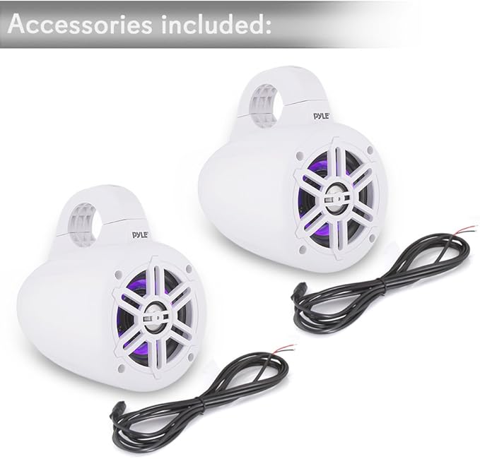 Pyle Waterproof Marine Wakeboard Tower Speakers - 4in Dual Subwoofer Speaker Set w/LED Lights & Bluetooth for Wireless Music Streaming - Boat Audio System w/Mounting Clamps PLMRLEWB47WB (White)