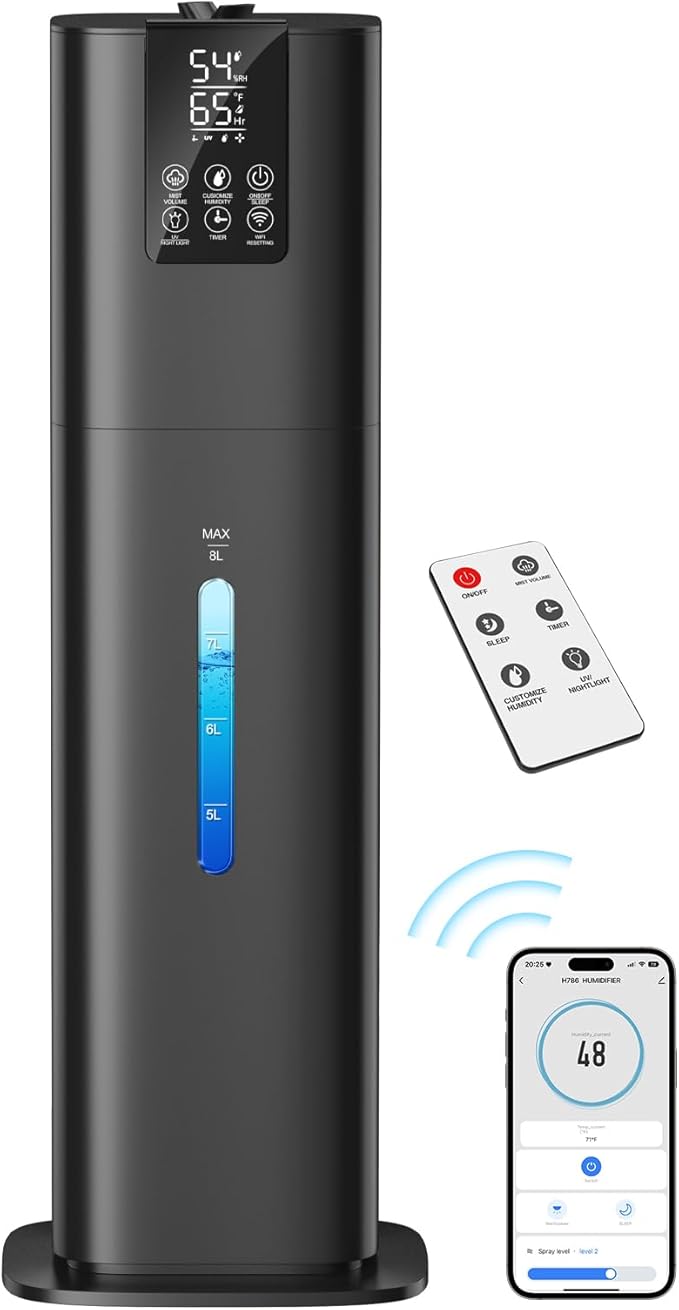 Honovos Smart Humidifiers Large Room Bedroom Home, 2.11Gal(8L) Quiet Top Fill Cool Mist Humidifier, Smart App & Remote Control, 3 Speed Humidifier with 360° Nozzle, Humidity Setting for Baby Office