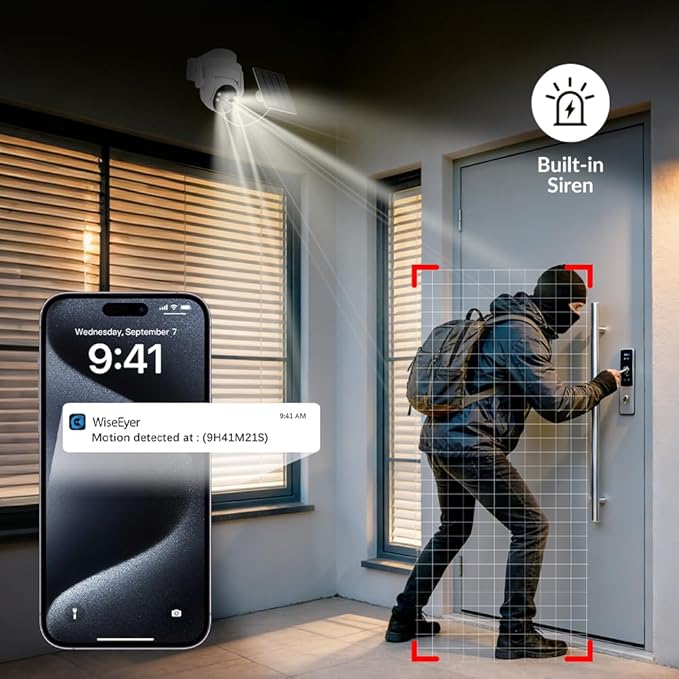 2K Solar Camera Outdoor Wireless, 2.4Ghz WiFi Battery Camera, 355° View Pan/Tilt Solar Camera with PIR Alarm, 2-Way Audio, Color Night Vision, IP65 Waterproof, Cloud & SD Storage