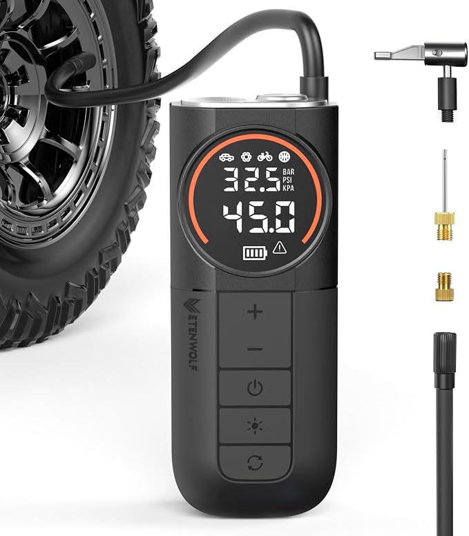 ETENWOLF S1 Tire Inflator Portable Air Compressor, 160PSI Air Pump for Car Tires, Bike, Motorcycle, Balls, Fast Inflation Tire Pump, Cordless bike Pump with LED Light & Digital Pressure Gauge (Black)