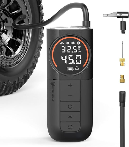 ETENWOLF S1 Tire Inflator Portable Air Compressor, 160PSI Air Pump for Car Tires, Bike, Motorcycle, Balls, Fast Inflation Tire Pump, Cordless bike Pump with LED Light & Digital Pressure Gauge (Black)