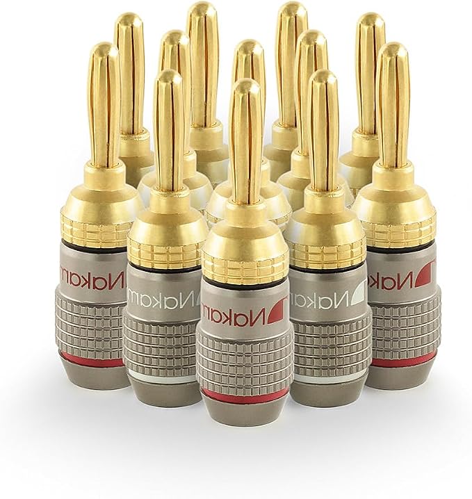 Nakamichi FanLock Excel Series 24k Gold Plated Banana Plugs 10 AWG - 18 AWG Gauge Size 4mm for Speakers Amplifier Hi-Fi Stereo Home Theatre Radio Audio Wire Cable Quick Connector, 12 Pcs (6-Pairs)