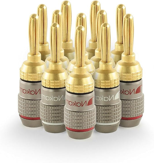 Nakamichi FanLock Excel Series 24k Gold Plated Banana Plugs 10 AWG - 18 AWG Gauge Size 4mm for Speakers Amplifier Hi-Fi Stereo Home Theatre Radio Audio Wire Cable Quick Connector, 12 Pcs (6-Pairs)