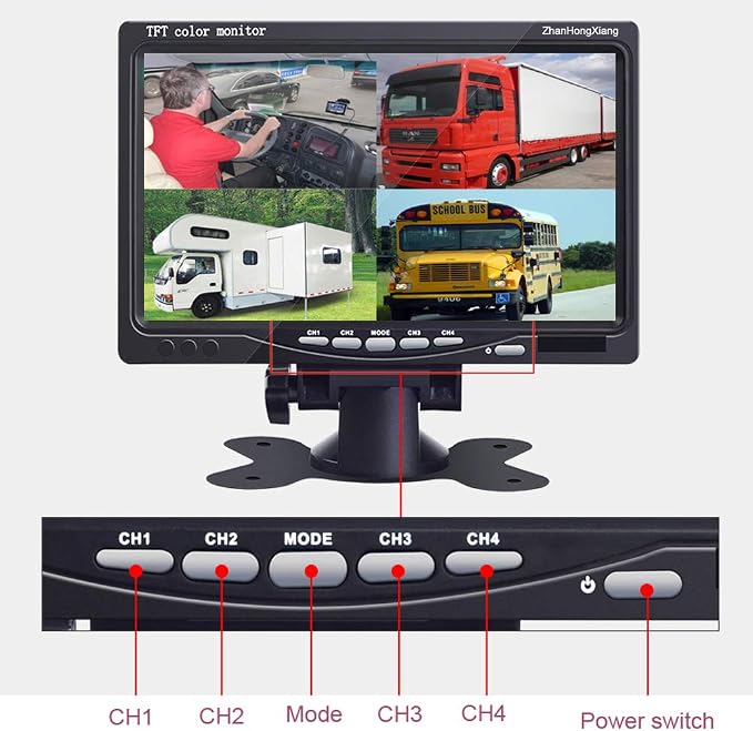 HD 1080P Backup Camera 7" Monitor,4X 4 Pin AHD Car Reverse Rear View Mirror Wired Camera Kit + 7 inch IPS 4-Split Monitor for Bus Truck Trailer RV Heavy Duty A701