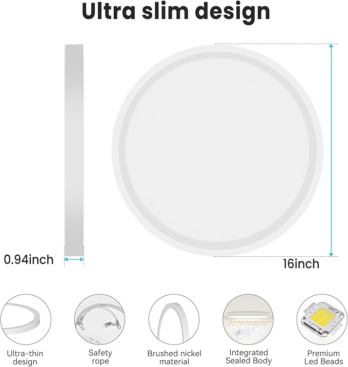 libtit 16Inch Flush Mount LED Ceiling Light Fixture, 3000K 4000K 6500K Adjustable, 36W 3600lm White Satin Round Ceiling Lamp for Bathroom Shower Hallway Kitchen, 1 Pack