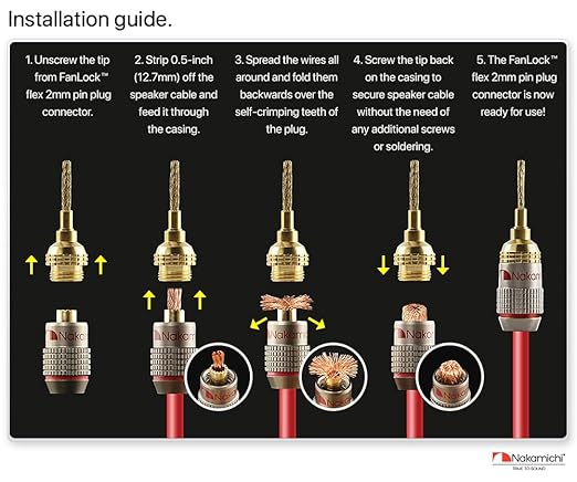 Nakamichi FanLock Excel Series 24k Gold Plated 2mm Flex Pin Banana Plugs 10 AWG - 18 AWG Gauge Size for Spring Clip Terminal Speakers Amplifier Hi-Fi Wire Cable Quick Connector, 10 Pcs (5-Pairs)