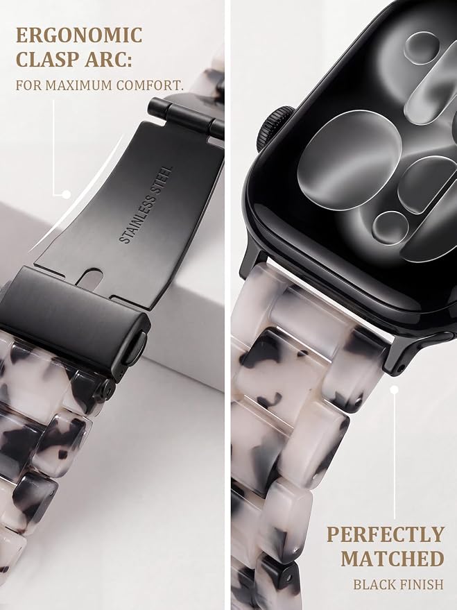 V-MORO Resin Bands Compatible with Apple Watch 42/40/41/38mm Series 11/10/9/8/7 Fashion Lightweight Strap Bracelet Compatible for iWatch Series SE/6/5/4/3/2/1(Tortoise Stone Flower-Black)