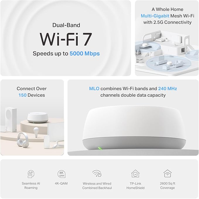 TP-Link Deco 7 BE25 Dual-Band BE5000 WiFi 7 Mesh Wi-Fi Router | 4-Stream, 240 Mhz Channels | Covers up to 2,600 Sq.Ft | 2X 2.5G Ports Wired Backhaul | VPN, MLO, HomeShield, Free Expert Help, 1-Pack