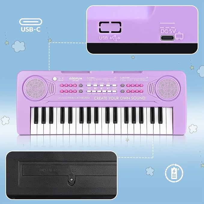Keyboard Piano for Kids, BIGFUN 37 Keys Toddler Piano Multifunction Music Educational Instrument Toy, Electronic Kids Keyboard for 3-7 Year Old Girls and Boys (Purple)