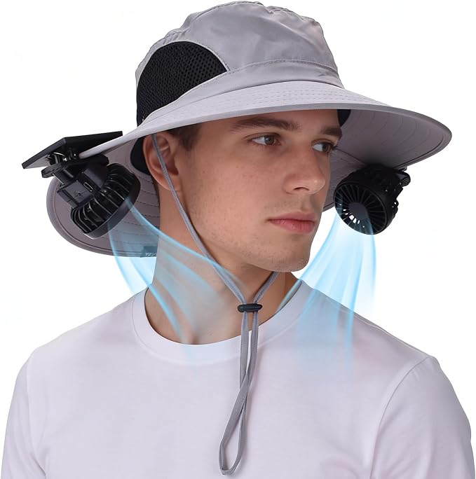 Wide Brim Sun Bucket Hat with 2 Solar Powered Fan for Men & Women | Waterproof & UPF 50+ Sun Protection Hat with Dual-Power Clip-On Cooling Fans for Outdoor Hiking Fishing Gardening