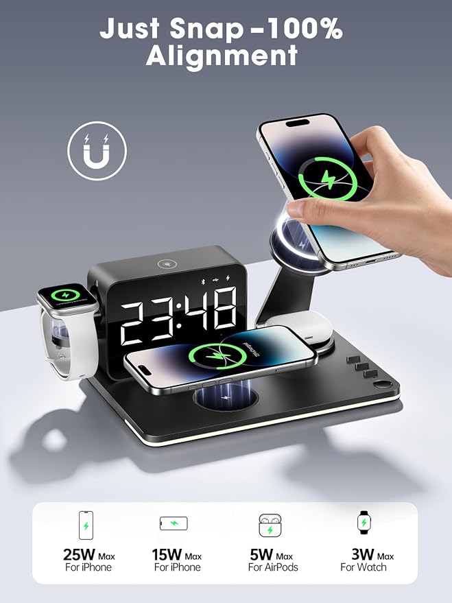 MagCharge 7-in-1 Magnetic Wireless Charging Station with Bluetooth Clock & Dimmable LED Lamp, 25W Fast Charger, 65W Adapter, Bedside Nightstand Charging Hub for iPhone Apple Watch AirPods