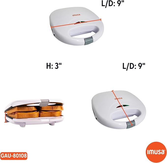 IMUSA 2 Slot Electric Sandwich Maker White Nonstick Press for Grilled Sandwiches and Quick Snacks