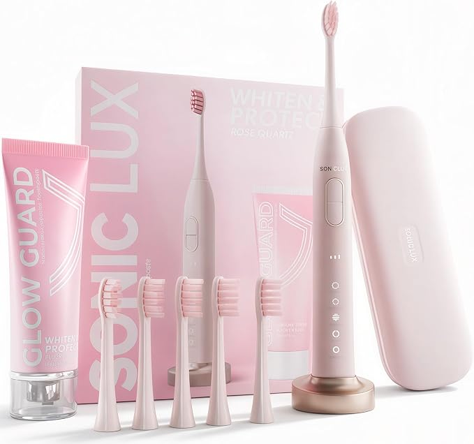 Sonic Lux™ Pink Whitening Electric Toothbrush for Adults – Luxury Rechargeable Sonic Electric Toothbrush With Travel Case with GlowGuard Nano-Hydroxyapatite Whitening Toothpaste & 6 Brush Heads