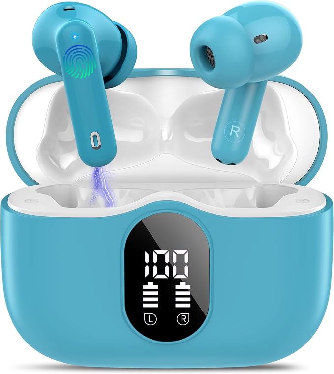 Wireless Earbuds, Bluetooth 5.4 Headphones Bass Stereo, Ear Buds with Noise Cancelling Mic, LED Display in Ear Earphones Clear Calls, IP7 Waterproof Bluetooth Earbuds for Laptop/Phones, Ice Blue