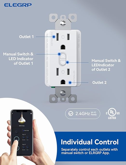 ELEGRP Smart Outlet, Smart in-Wall Outlets Works with Alexa and Google Assistant, 2.4GHz Wi-Fi Smart Receptacle, No Hub Required, UL Listed, White, 1 Pack